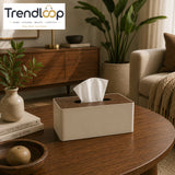 PREMIUM LEATHER & WOOD TISSUE BOX HOLDER - SAND BEIGE