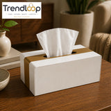 LUXURY WOOD & LEATHER TABLETOP TISSUE BOX HOLDER - IVORY WHITE