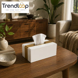 LUXURY WOOD & LEATHER TABLETOP TISSUE BOX HOLDER - IVORY WHITE