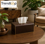 LUXURY WOOD & LEATHER TABLETOP TISSUE BOX HOLDER - ESPRESSO BROWN
