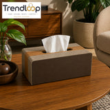 LUXURY WOOD & LEATHER TABLETOP TISSUE BOX HOLDER - WALNUT BROWN