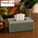 NORDIC WOOD & LEATHER TISSUE BOX COVER -  SAGE GREEN