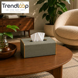 NORDIC WOOD & LEATHER TISSUE BOX COVER -  SAGE GREEN