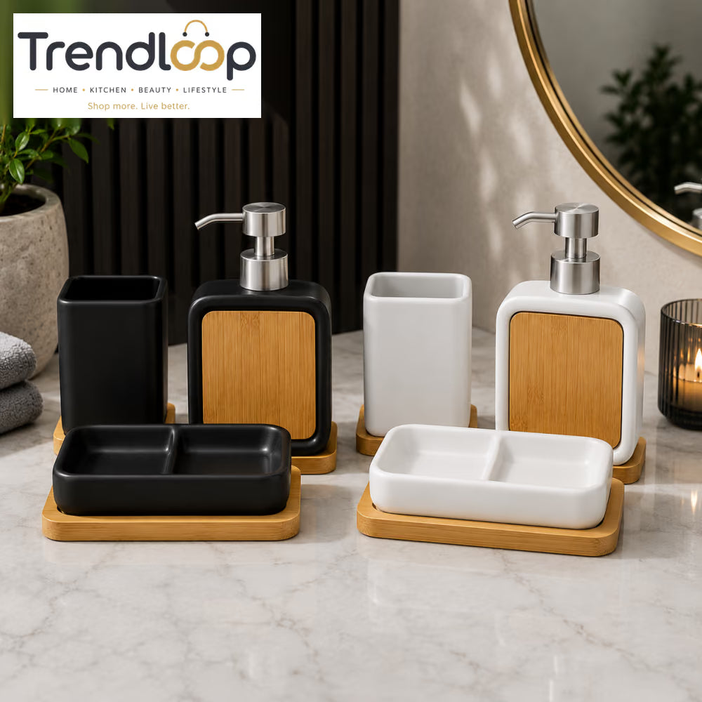 MODERN NORDIC BAMBOO BATHROOM ACCESSORY SET – BLACK & WHITE EDITION 4-PIECE