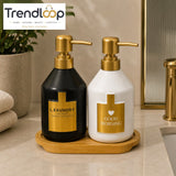 LUXURY CERAMIC SOAP DISPENSER SET WITH GOLD PUMP & BAMBOO TRAY
