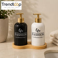 LUXURY CERAMIC SOAP DISPENSER SET WITH BAMBOO TRAY