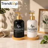 LUXURY CERAMIC SOAP DISPENSER SET WITH BAMBOO TRAY