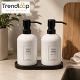 NORDIC CERAMIC SOAP DISPENSER DUO WITH WOODEN TRAY