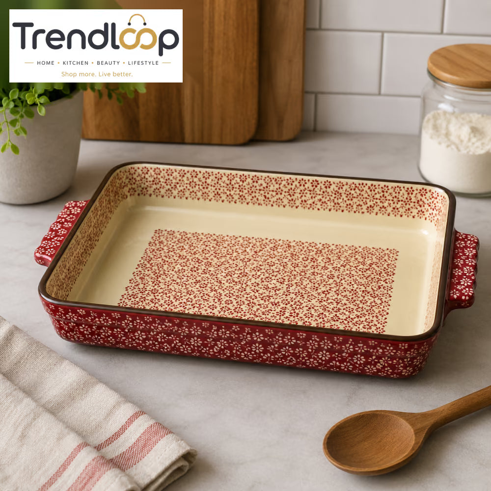 DANNY HOME RECTANGULAR PORCELAIN CERAMIC BAKING TRAY WITH HANDLES VINTAGE FLORAL DESIGN SM01-23