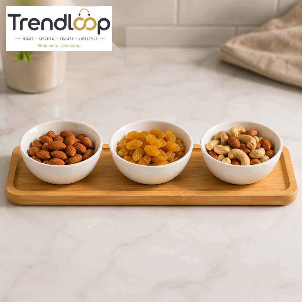 DANNY HOME GOLD LINE 4-PIECE PORCELAIN SNACK SERVING SET WITH BAMBOO TRAY LMLW45-4T+G