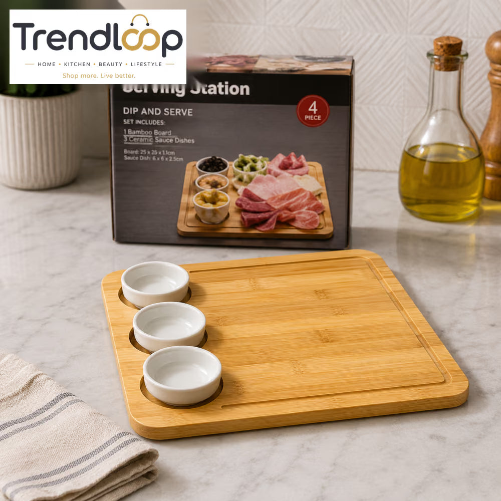 DANNY HOME 4-PIECE BAMBOO SERVING BOARD SET WITH 3 CERAMIC DIP BOWLS CZT40-02