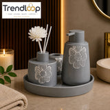 ELEGANT FLORAL PORCELAIN BATHROOM ACCESSORY SET WITH TRAY