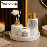 ELEGANT FLORAL PORCELAIN BATHROOM ACCESSORY SET WITH TRAY