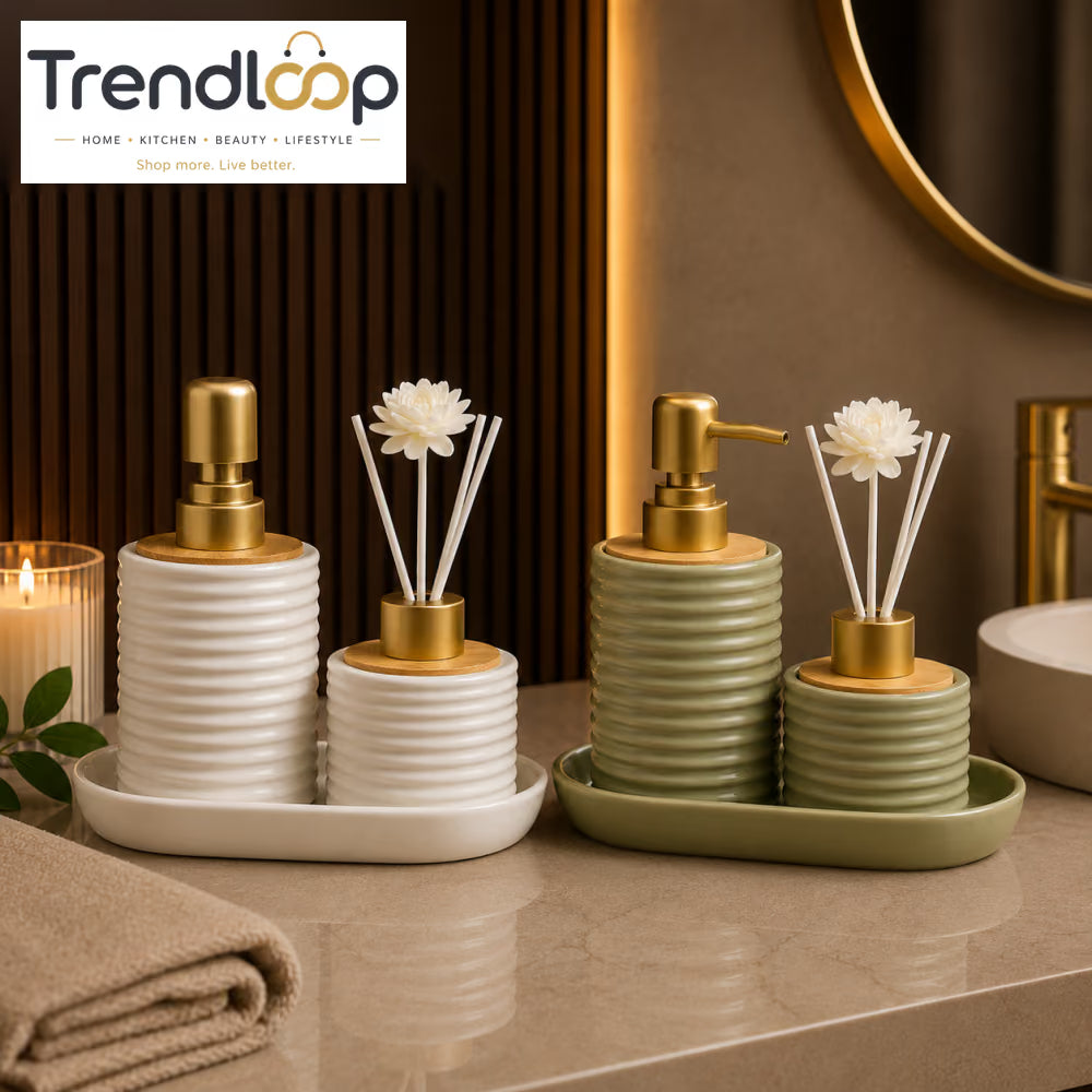 MODERN LUXURY PORCELAIN SOAP DISPENSER & DIFFUSER VANITY SET WITH DECORATIVE TRAY - BP-02