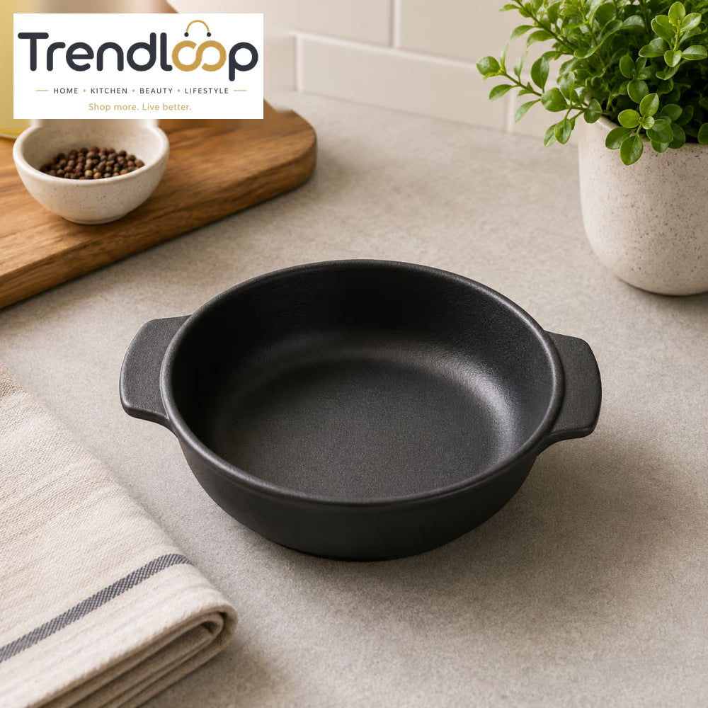 DANNY HOME MATTE BLACK STONEWARE ROUND BAKEWARE DISH WITH HANDLES 8 INCH – 80YKP