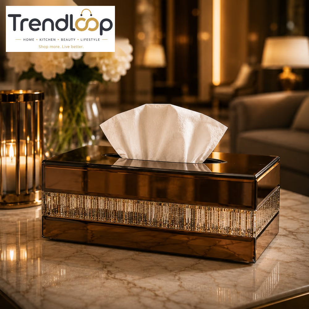 PREMIUM CRYSTAL DIAMOND MIRROR GLASS TISSUE BOX HOLDER  - SMOKED AMBER GOLD