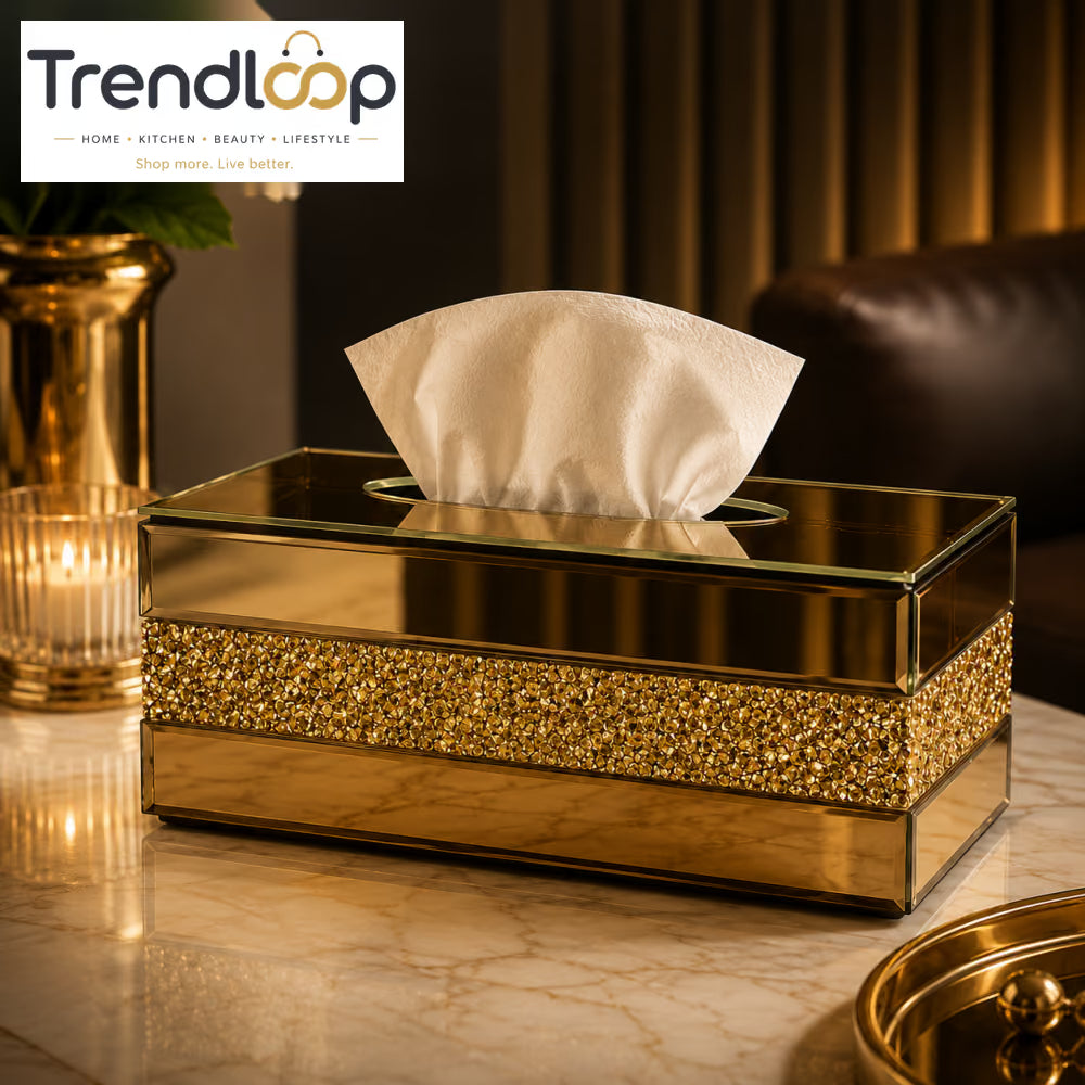 PREMIUM CRYSTAL DIAMOND MIRROR GLASS TISSUE BOX HOLDER  - GOLDEN