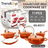 11-PIECE OSFE ENAMELED CAST IRON COOKWARE SET MULTIFUNCTIONAL KITCHEN COLLECTION - ORANGE
