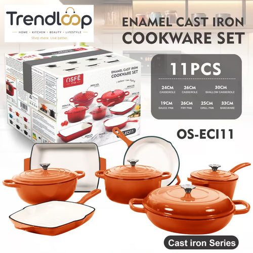 11-PIECE OSFE ENAMELED CAST IRON COOKWARE SET MULTIFUNCTIONAL KITCHEN COLLECTION - ORANGE