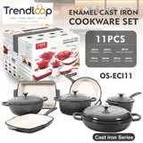 11-PIECE OSFE ENAMELED CAST IRON COOKWARE SET MULTIFUNCTIONAL KITCHEN COLLECTION - GREY