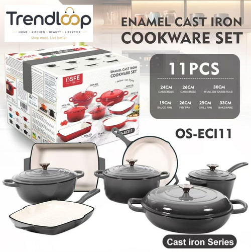 11-PIECE OSFE ENAMELED CAST IRON COOKWARE SET MULTIFUNCTIONAL KITCHEN COLLECTION - GREY