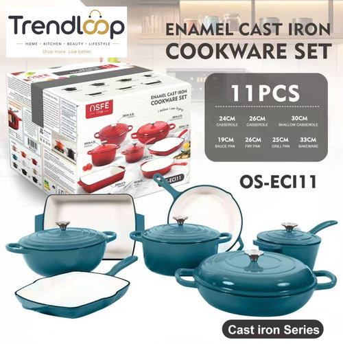 11-PIECE OSFE ENAMELED CAST IRON COOKWARE SET MULTIFUNCTIONAL KITCHEN COLLECTION - BLUE
