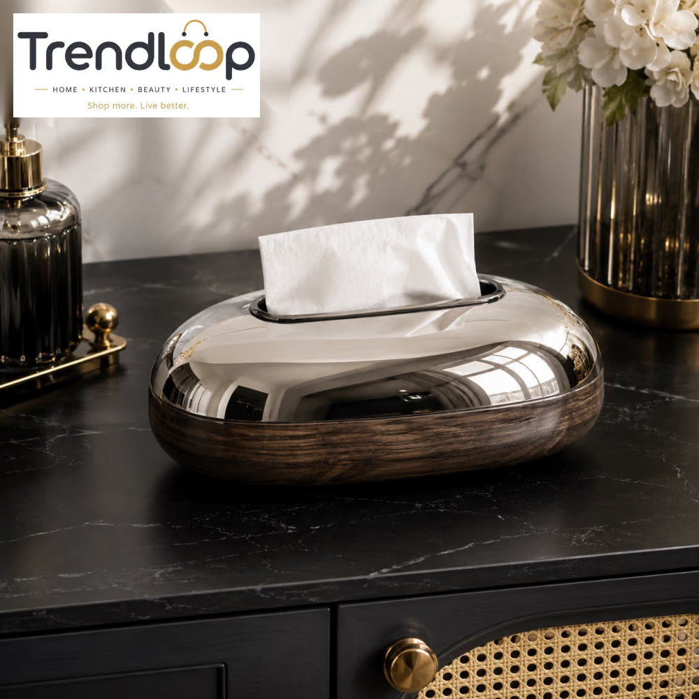 PREMIUM OVAL CHROME FINISH TISSUE STORAGE BOX WITH WOOD-GRAIN BASE