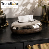 PREMIUM OVAL CHROME FINISH TISSUE STORAGE BOX WITH WOOD-GRAIN BASE