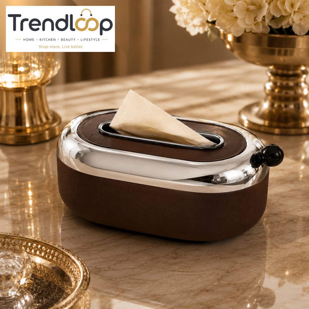 PREMIUM PLASTIC CURVE OVAL TISSUE BOX WITH CHROME FINISH - SILVER