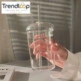 CLEAR GLASS CUP WITH LID & STRAW 450ML FOR JUICE WATER & ICED COFFEE