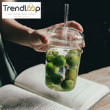CLEAR GLASS CUP WITH LID & STRAW 450ML FOR JUICE WATER & ICED COFFEE