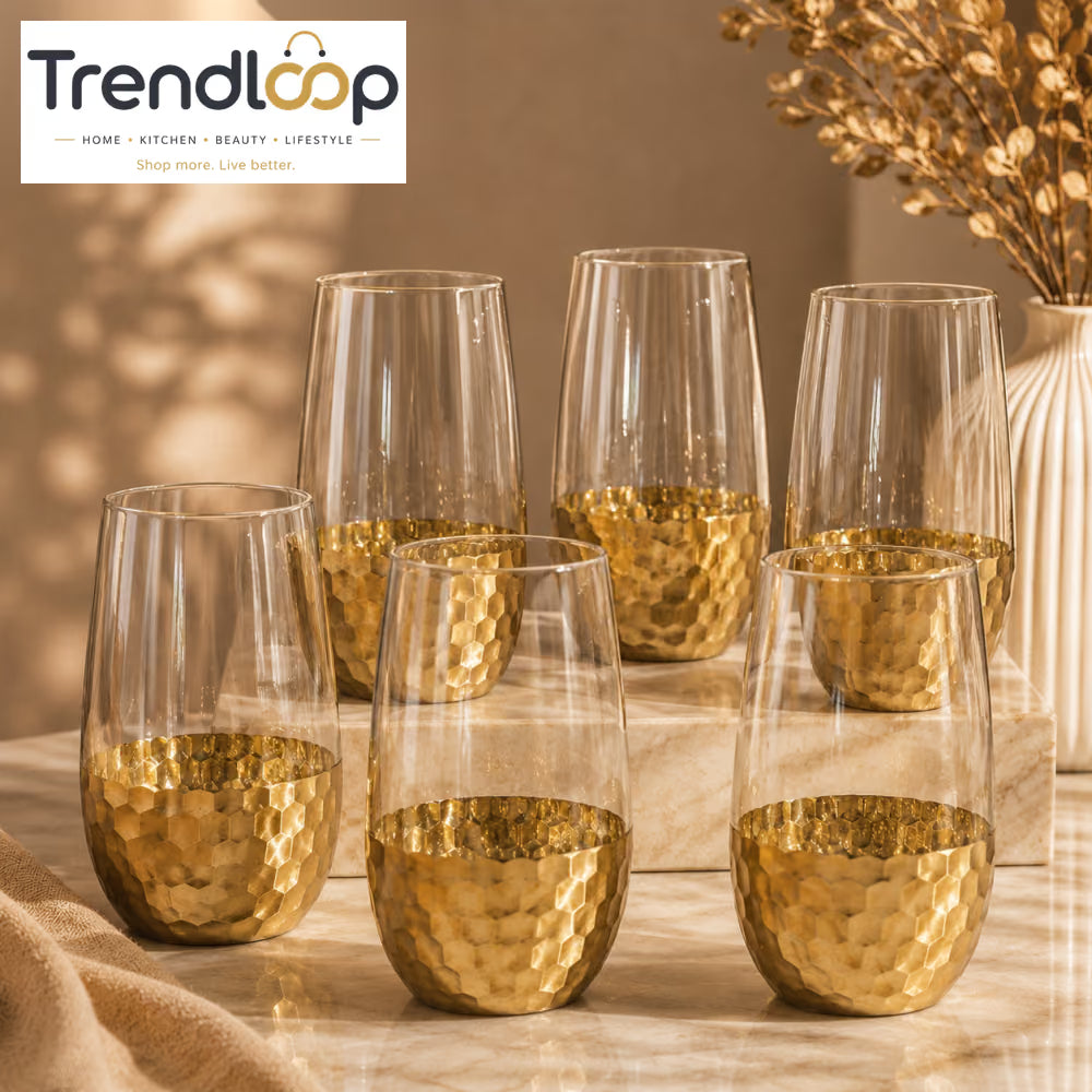 GOLD HAMMERED BASE CRYSTAL GLASS 6 PIECES SET