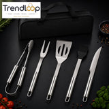 5 PIECE STAINLESS STEEL BBQ GRILL TOOL SET WITH CARRY BAG