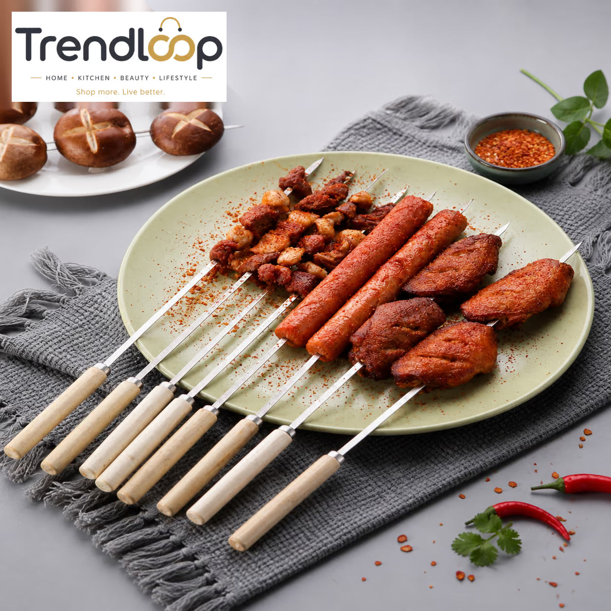 REUSABLE FLAT BBQ SKEWERS SET WITH WOODEN HANDLE  29CM PACK OF 6
