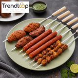 REUSABLE FLAT BBQ SKEWERS SET WITH WOODEN HANDLE  29CM PACK OF 6