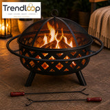 HEAVY DUTY OUTDOOR ROUND FIRE PIT BBQ GRILL WITH MESH LID WOOD CHARCOAL BURNING