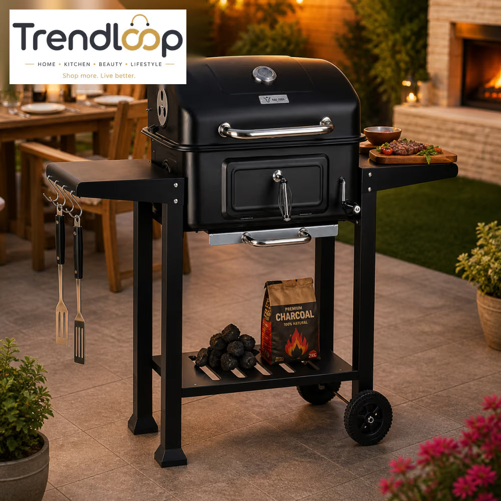 CHARCOAL BBQ GRILL TROLLEY WITH ADJUSTABLE COAL TRAY & THERMOMETER