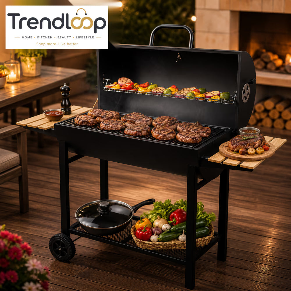 CHARCOAL DRUM BBQ GRILL WITH SIDE TABLES & WHEELS