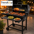 CHARCOAL BBQ GRILL WITH AUTO ROTATING ROD 2 FOLDABLE TABLES STORAGE SHELF OUTDOOR BARBECUE STAND