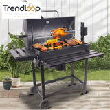 CHARCOAL BBQ GRILL WITH AUTO ROTATING ROD 2 FOLDABLE TABLES STORAGE SHELF OUTDOOR BARBECUE STAND