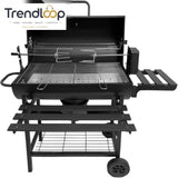 CHARCOAL BBQ GRILL WITH AUTO ROTATING ROD 2 FOLDABLE TABLES STORAGE SHELF OUTDOOR BARBECUE STAND
