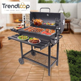 CHARCOAL BBQ GRILL WITH AUTO ROTATING ROD 2 FOLDABLE TABLES STORAGE SHELF OUTDOOR BARBECUE STAND