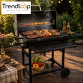 CHARCOAL BBQ GRILL WITH ROTATABLE ROD THERMOMETER SIDE TABLE WHEELS OUTDOOR BARBECUE GRILL