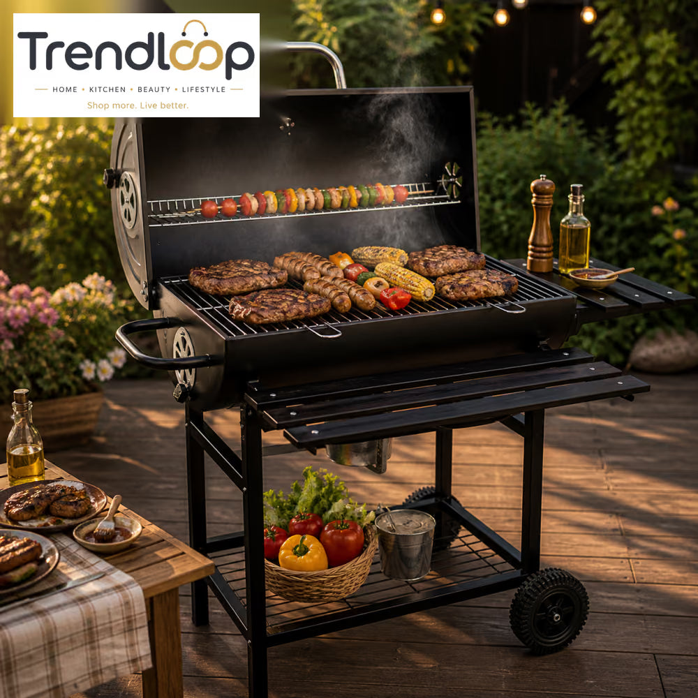CHARCOAL BBQ GRILL WITH ROTATABLE ROD THERMOMETER SIDE TABLE WHEELS OUTDOOR BARBECUE GRILL