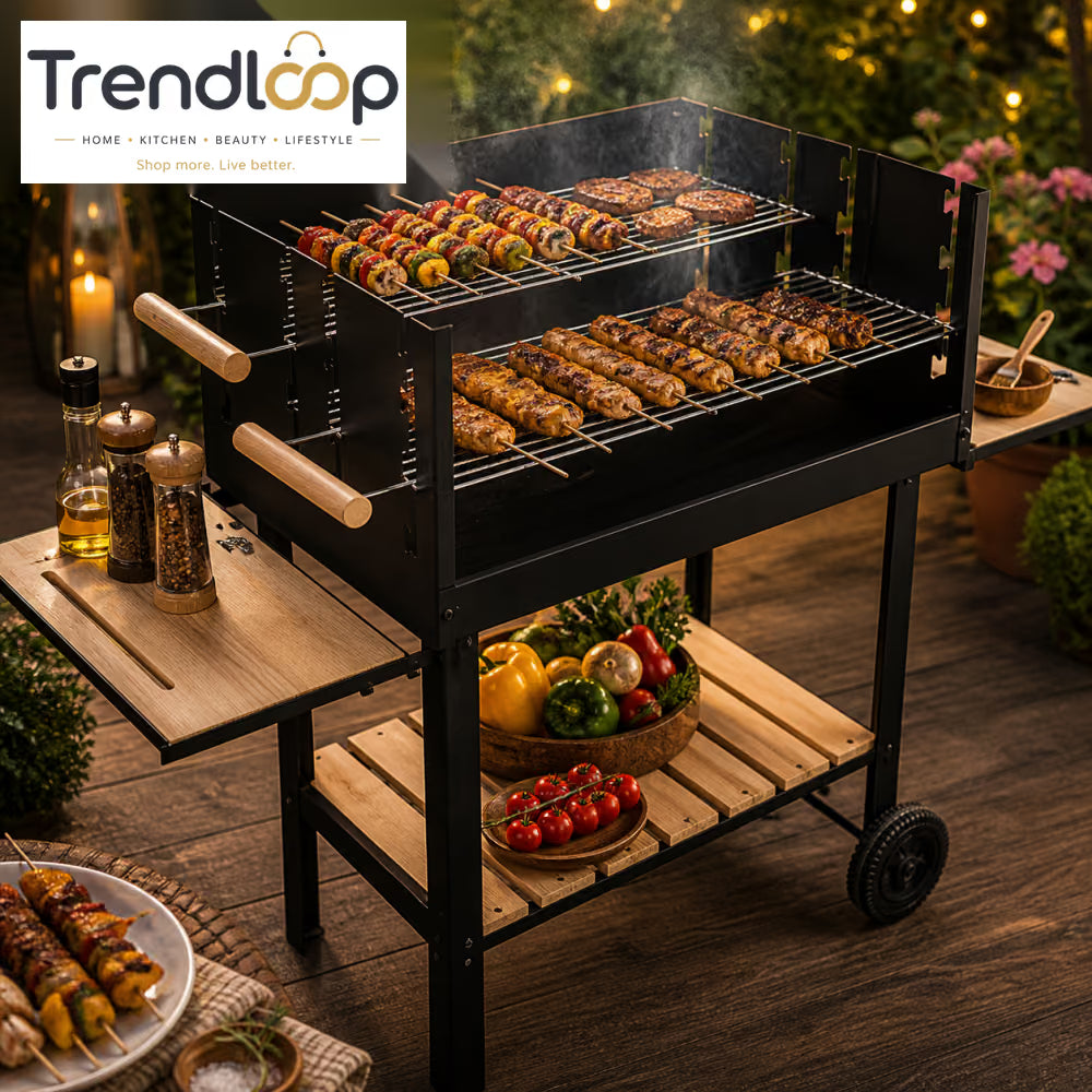 PORTABLE CHARCOAL BBQ GRILL WITH SMOKER RACK & WHEELS