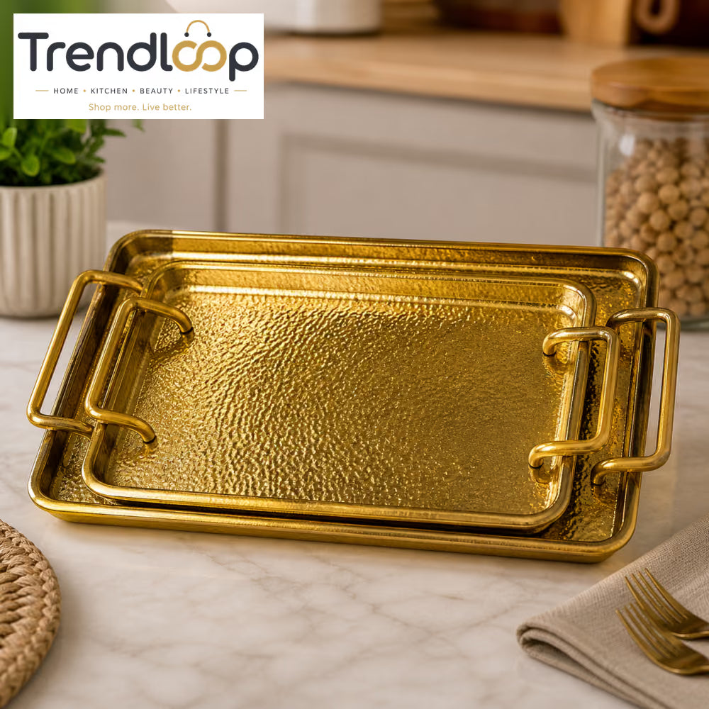 GOLDLUXA RECTANGLE TRAY WITH TEXTURE PREMIUM GOLD METAL SERVING & DECOR TRAY 16 X 30 X 1.5 CM