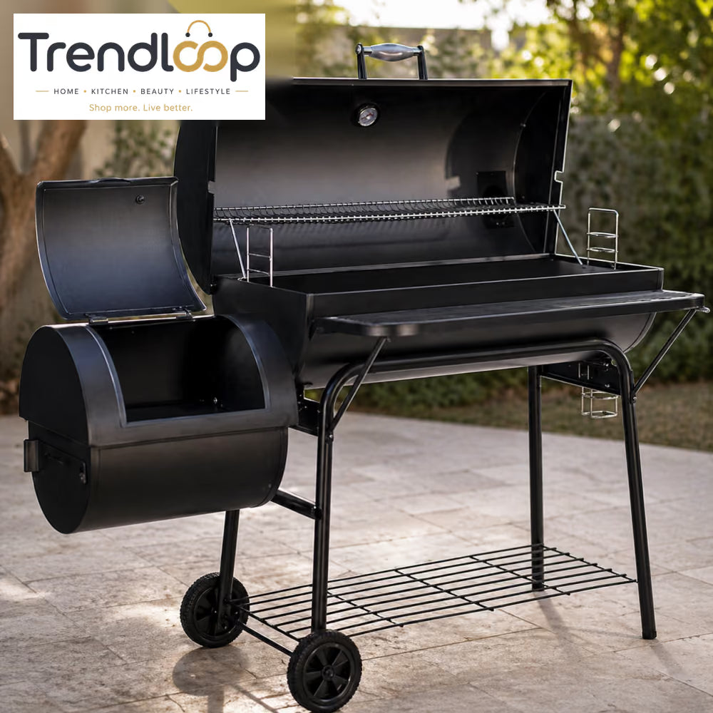 BBQ CHARCOAL GRILL WITH OFFSET SMOKER 2 WHEELS OUTDOOR PIT GRILL FOR GARDEN TERRACE CAMPING BEACH