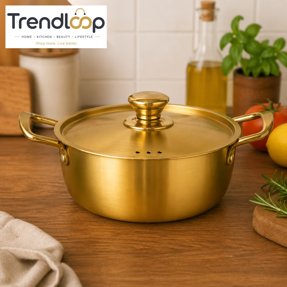 GOLDLUXA GOLDEN POT PLAIN WITH LID PREMIUM STAINLESS STEEL COOKING CASSEROLE DOUBLE HANDLE KITCHEN COOKWARE 18 CM
