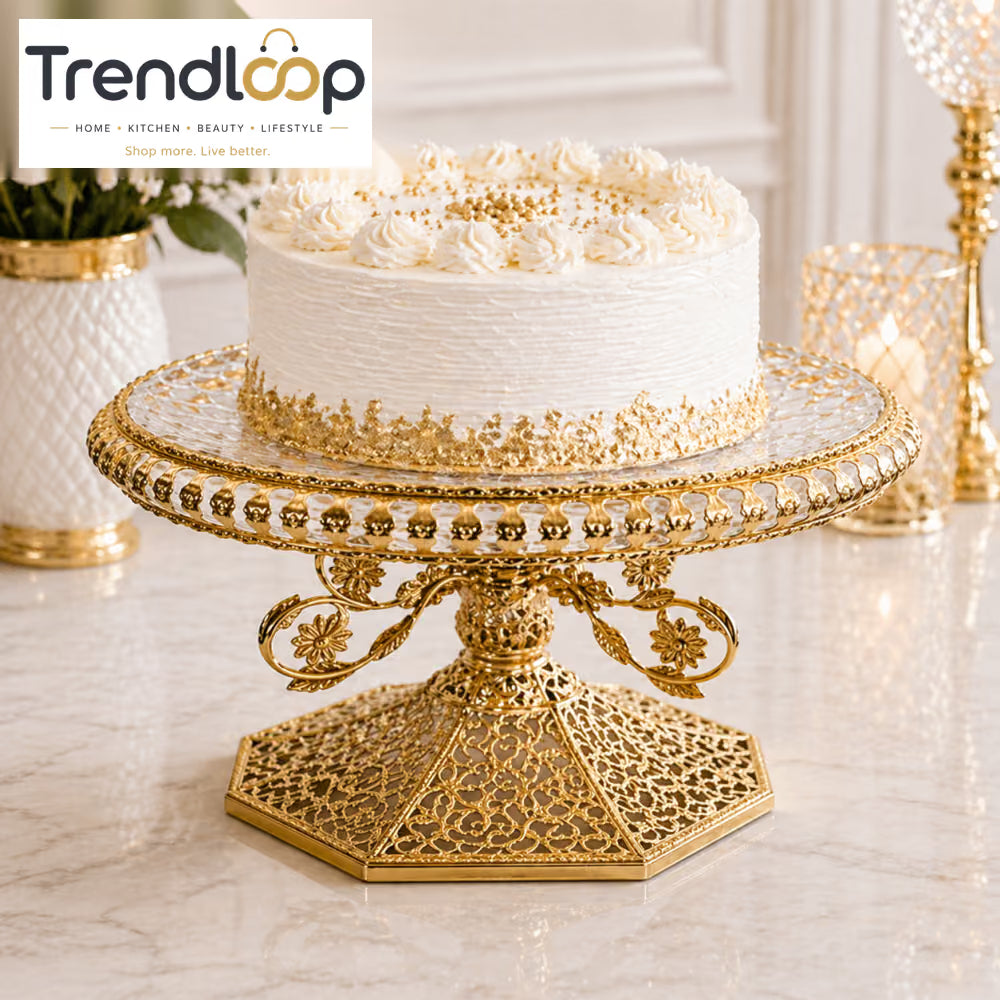 LUXURY GOLD CAKE STAND WITH GLASS TOP