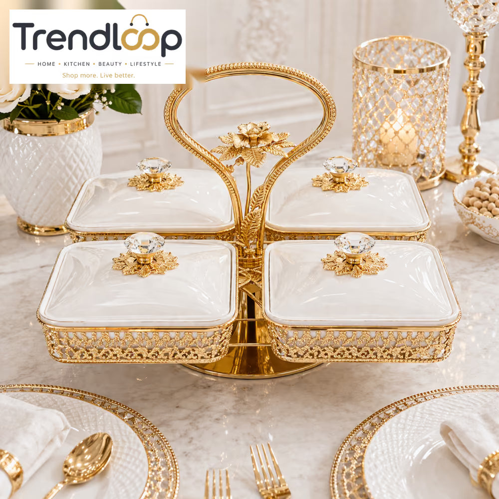 LUXURY GOLD & WHITE DOUBLE SERVING DISH WITH STAND - 4 PIECE